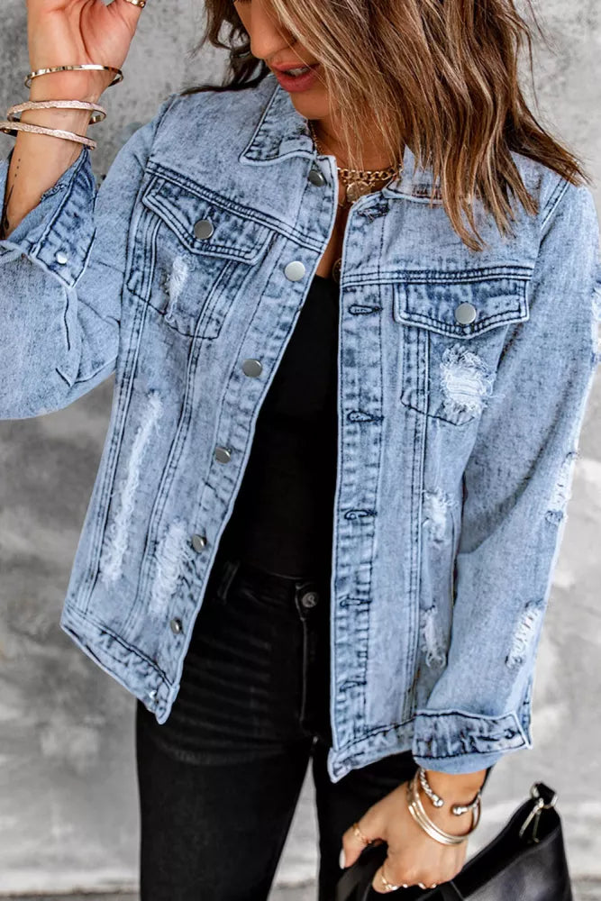 Gray Distressed Buttons Washed Denim Jacket