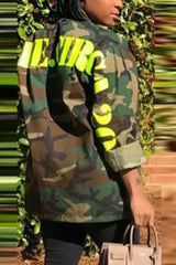 Plus Size Camouflage Letter Print Long Sleeve Shacket