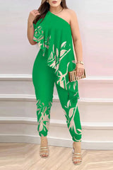 Plants Print One Shoulder Asymmetrical Ruffles Jumpsuit