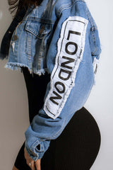 Letter Patch Ripped Raw Hem Crop Denim Coat