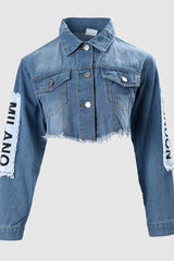 Letter Patch Ripped Raw Hem Crop Denim Coat