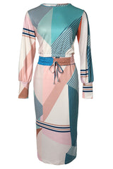 Striped Print Long Sleeve Top & Drawstring Shirred Skirt Set