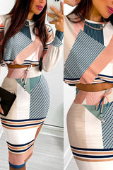 Striped Print Long Sleeve Top & Drawstring Shirred Skirt Set