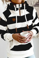 Striped Zipper Detail Grommet Eyelet Drawstring Hoodie