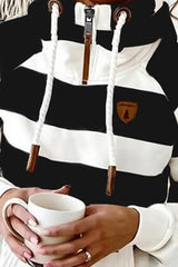 Striped Zipper Detail Grommet Eyelet Drawstring Hoodie