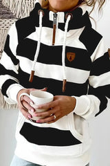 Striped Zipper Detail Grommet Eyelet Drawstring Hoodie