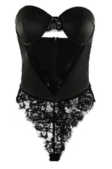 Contrast Lace Cut Out PU Leather Teddy