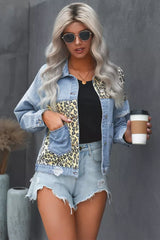 Sky Blue Leopard Splicing Cropped Denim Jacket with Pocket