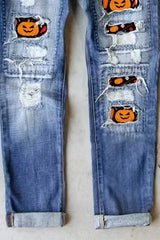 Halloween Pumpkin Print Ripped Straight Leg Jeans