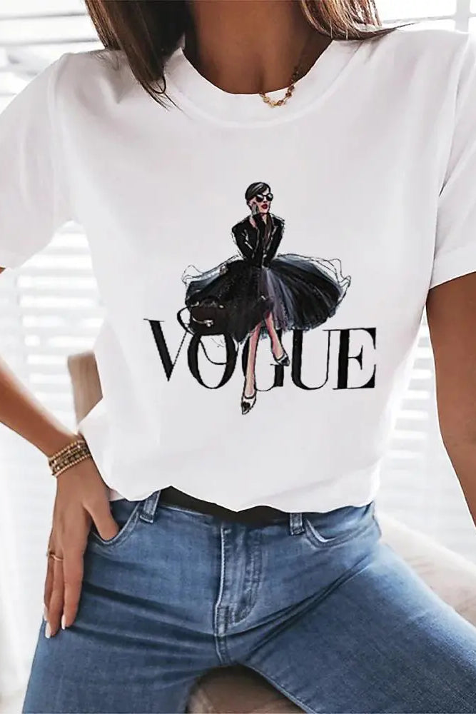 Letter Figure Print Short Sleeve Casual T-shirt