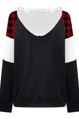 Christmas Colorblock Plaid Print Hooded Drawstring Top