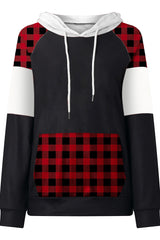 Christmas Colorblock Plaid Print Hooded Drawstring Top