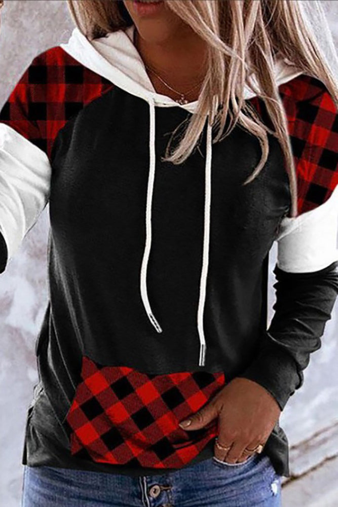 Christmas Colorblock Plaid Print Hooded Drawstring Top