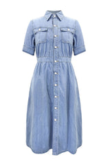 Puff Sleeve Pocket Detail Button Front Denim Dress