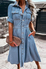 Puff Sleeve Pocket Detail Button Front Denim Dress