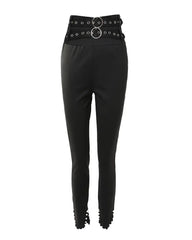 Slit Beaded Decor High Waist Eyelet Buckled Pants With Belt