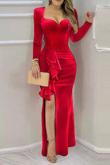 Long Sleeve Ruffle High Slit Velvet Evening Dress