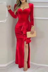 Long Sleeve Ruffle High Slit Velvet Evening Dress