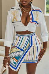 Graphic Print Buttoned Shirt & Striped Asymmetrical Skirt Set