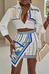 Graphic Print Buttoned Shirt & Striped Asymmetrical Skirt Set