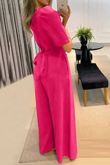 Puff Sleeve Wide Leg Flared Jumpsuit