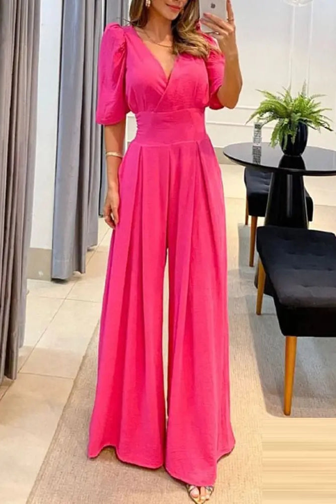 Puff Sleeve Wide Leg Flared Jumpsuit