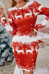 Christmas Reindeer Snowflake Print Long Sleeve Dress