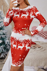 Christmas Reindeer Snowflake Print Long Sleeve Dress