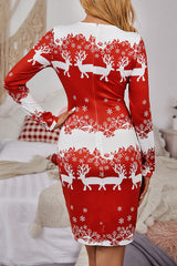 Christmas Reindeer Snowflake Print Long Sleeve Dress