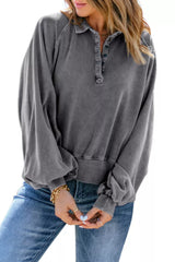 Pink Washed Snap Buttons Lantern Sleeve Pullover Sweatshirt