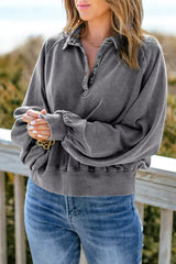 Pink Washed Snap Buttons Lantern Sleeve Pullover Sweatshirt