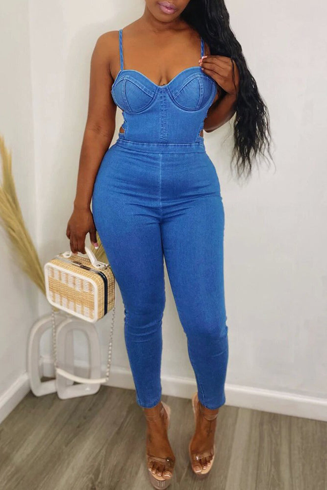 V-Neck Cutout Backless Denim Jumpsuit