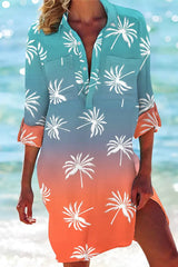 Coconut Tree Print Ombre Roll Up Sleeve Shirt Dress