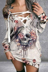 Halloween Eyelet Lace-up Skull Floral Print Casual Dress