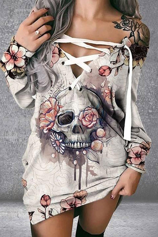 Halloween Eyelet Lace-up Skull Floral Print Casual Dress