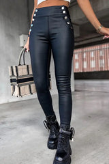 High Waist Buttoned PU Leather Pants