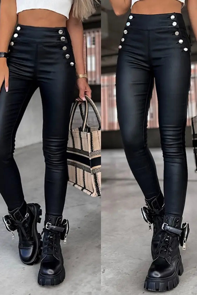 High Waist Buttoned PU Leather Pants