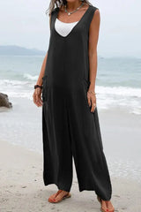 Sleeveless Pocket Design Wide Leg Suspender Jumpsuit