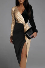 Contrast Sequin Split Thigh Velvet Party Dress