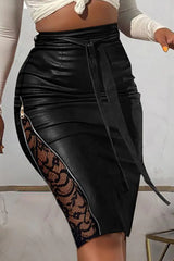 Contrast Lace Zipper Detail Belted PU Leather Skirt