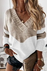 Colorblock Long Sleeve V Neck Knit Sweater