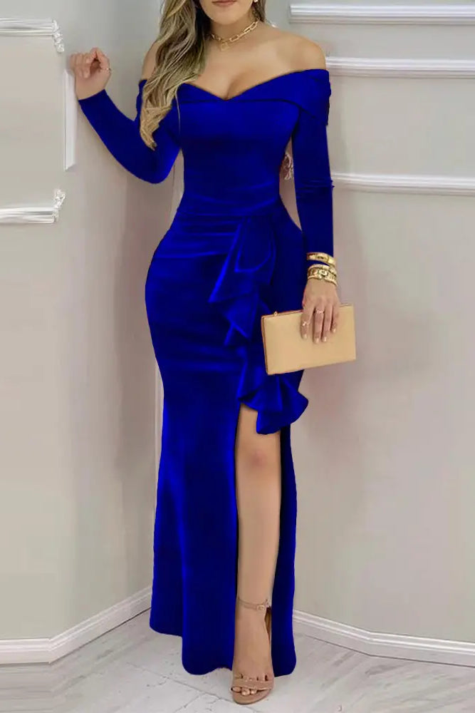 Off Shoulder Velvet Ruffles High Slit Evening Dress