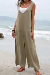 Sleeveless Pocket Design Wide Leg Suspender Jumpsuit