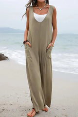 Sleeveless Pocket Design Wide Leg Suspender Jumpsuit