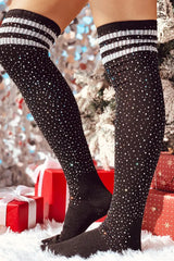 Christmas Striped Print Rhinestone Decor Long Socks