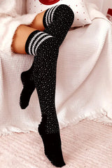 Christmas Striped Print Rhinestone Decor Long Socks