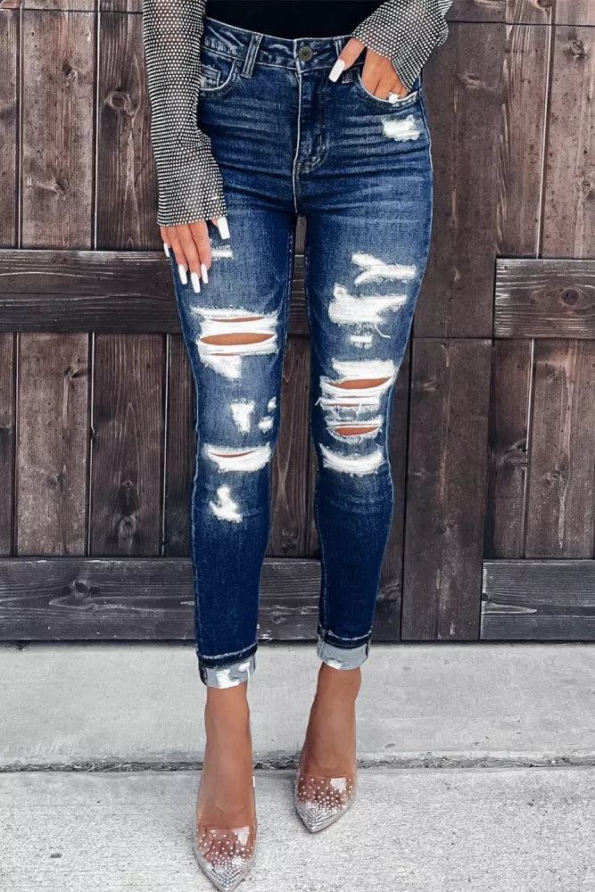 Blue Distressed High Waist Skinny Jeans