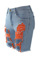 Zipper Fly Cutout Ripped Raw Hem Denim Shorts