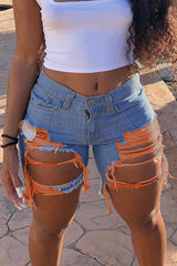 Zipper Fly Cutout Ripped Raw Hem Denim Shorts