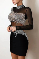 Rhinestone Decor Sheer Mesh Bodycon Dress